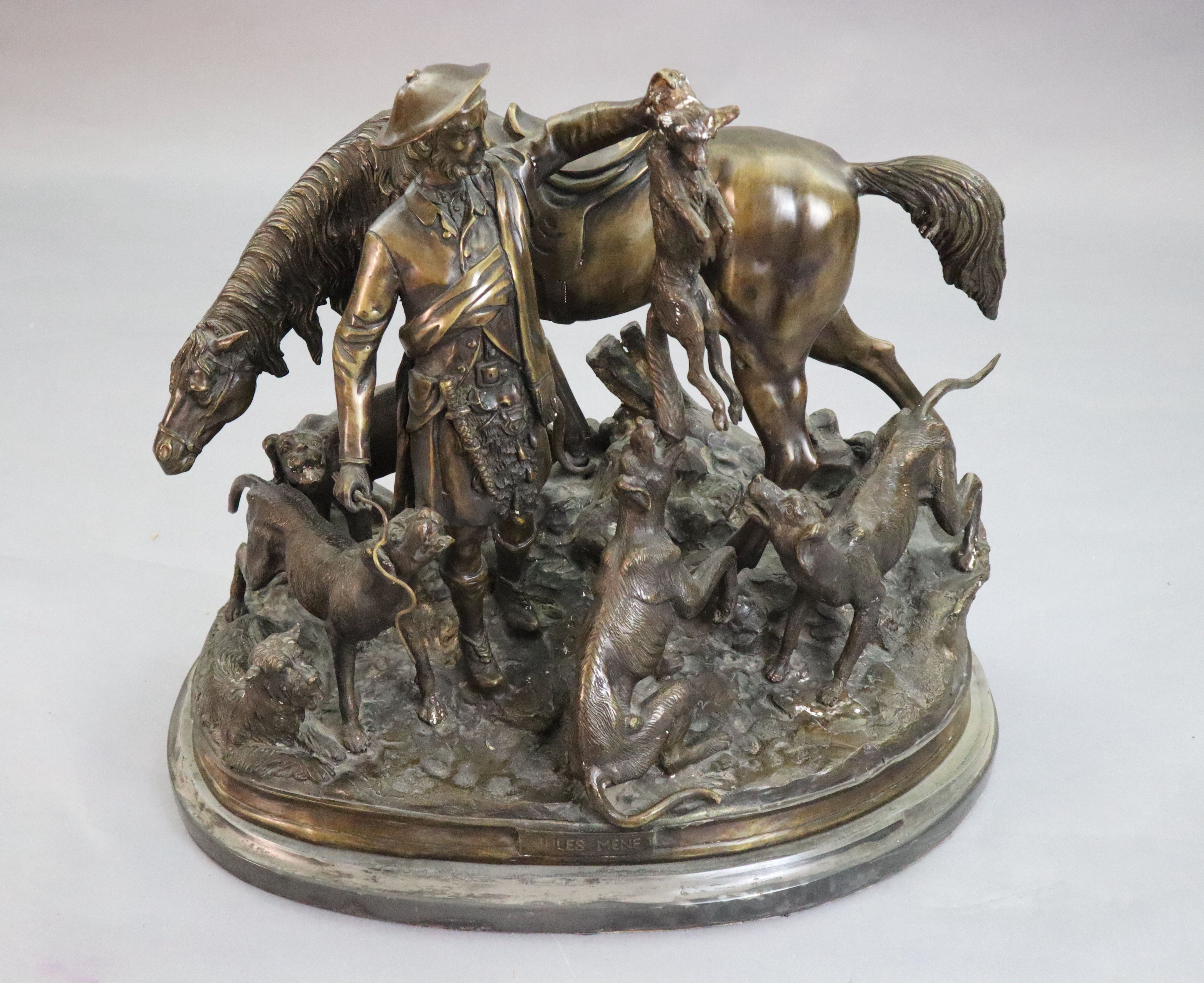 After Pierre Jules Mene. A bronze group of a ghillie, pony and hounds, width 23in. height 20in.